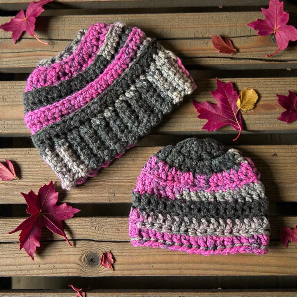 Handmade Crochet Chunky Mother Ponytail Beanie and Matching Child Beanies